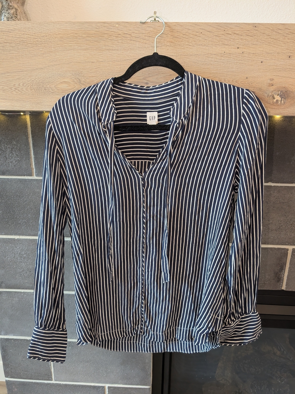 GAP Navy and White Vertical-Stripe Tie-Neck Blouse